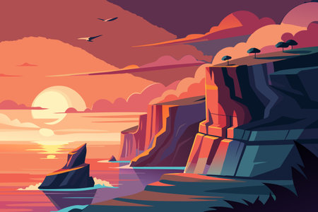 Dramatic Coastal Cliffs at Sunset â Vector Landscape Illustrationのイラスト素材