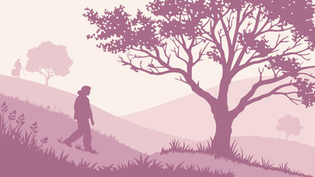 Vector illustration of a man walking in the park. Silhouette.のイラスト素材