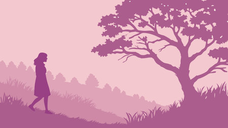 Vector background with a silhouette of a pregnant woman in the park.のイラスト素材