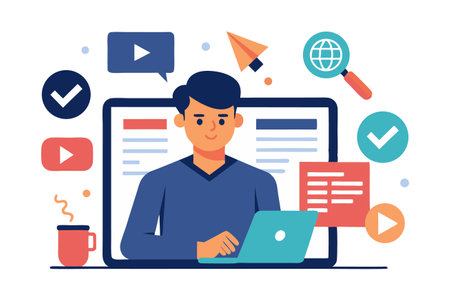 Man working on laptop at home. Vector illustration in flat style.のイラスト素材