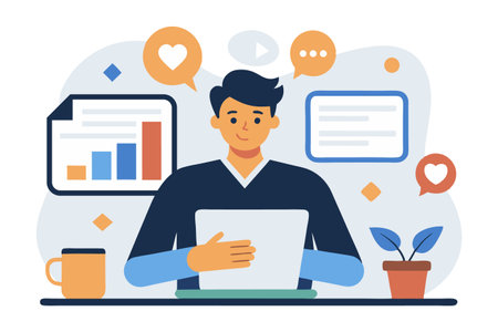 Man working on laptop. Vector illustration in flat style. Workplace concept.のイラスト素材