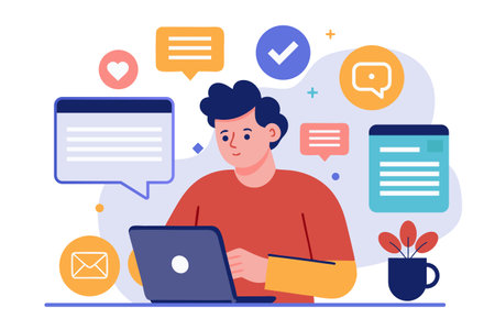 Man working on laptop, chatting with friends or colleagues, flat vector illustration.のイラスト素材