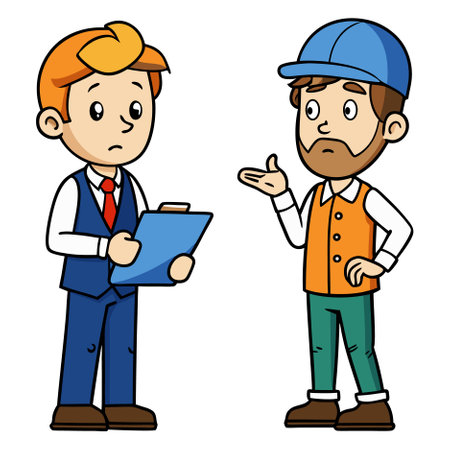 Construction worker and engineer with clipboard. Vector illustration in cartoon style.のイラスト素材