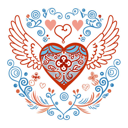 Heart with wings and floral ornament. Valentine's day vector illustration.のイラスト素材