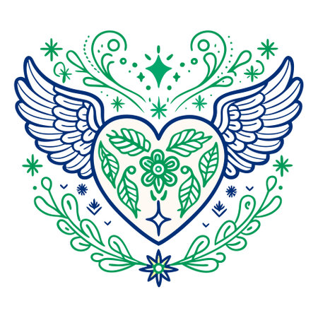 Heart with wings and floral ornament. Vector illustration in doodle style.のイラスト素材