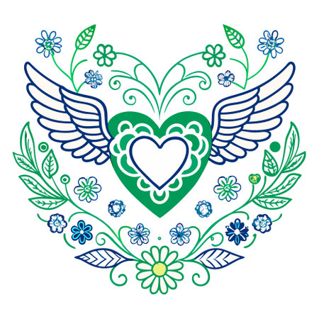 Heart with wings, flowers and leaves. Vector illustration in doodle style.のイラスト素材