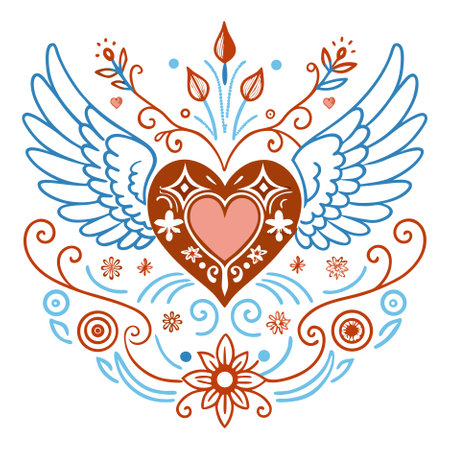 Heart with wings, flowers and snowflakes. Vector illustration.のイラスト素材