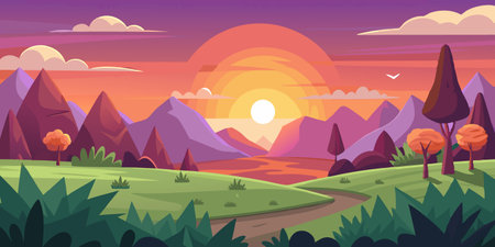 Landscape with mountains, forest and sunset. Cartoon vector illustration.のイラスト素材