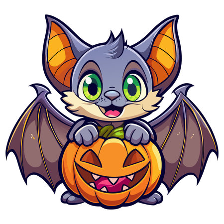 Cute cartoon bat holding a pumpkin for Halloween. Vector illustration.のイラスト素材