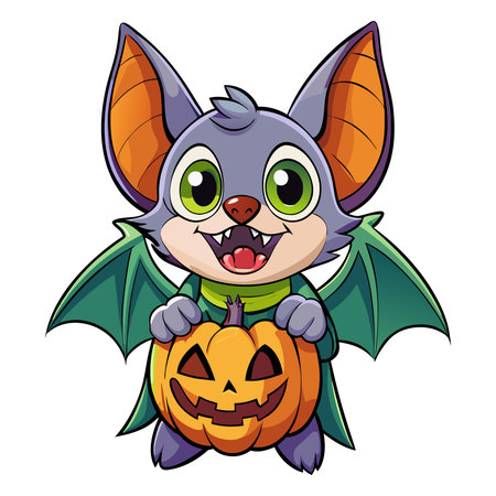 Cute cartoon bat with pumpkin on white background. Vector illustration.のイラスト素材