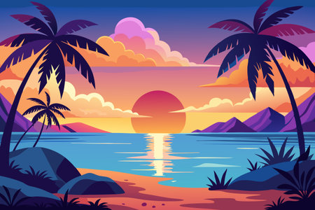 Beautiful sunset at the beach. Vector illustration in flat style.のイラスト素材