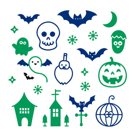Halloween icons set. Vector illustration in blue and green colors.のイラスト素材