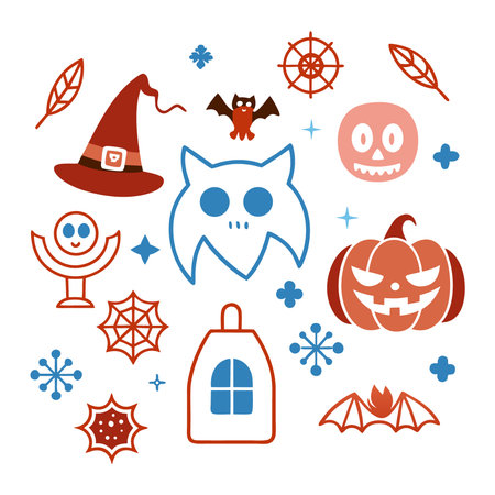 Halloween icons set. Vector illustration of pumpkin, bat, ghost, witch hat, broom, spider web and other holiday elements.のイラスト素材