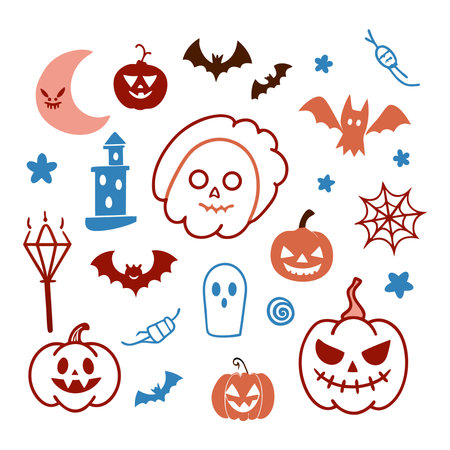 Cute Halloween Icon Collection with Pumpkins, Bats, Spiders, and Witch Elements â Flat Vector Illustrationのイラスト素材