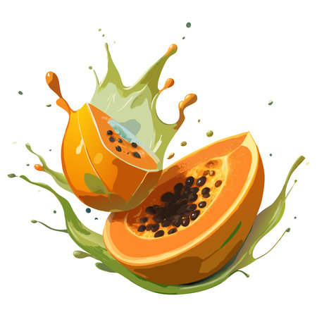 Papaya and juice splash isolated on white background. Vector illustration.のイラスト素材