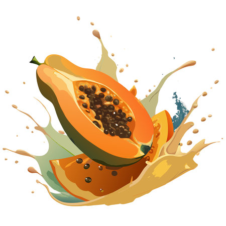 Papaya fruit and juice splash. Vector illustration isolated on white background.のイラスト素材