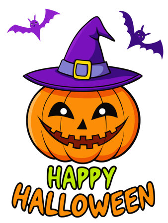Halloween pumpkin with witch hat and bats on white background vector illustrationのイラスト素材
