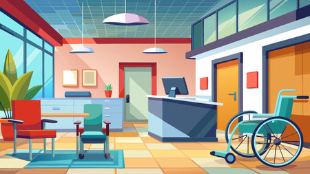 Disabled office interior with chair, computer and wheelchair. Vector illustrationのイラスト素材