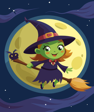 Cute little witch flying on broomstick. Vector cartoon illustration.のイラスト素材