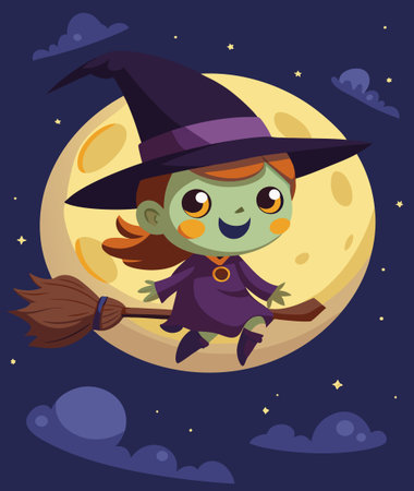 Cute cartoon witch flying on a broomstick. Vector illustration.のイラスト素材