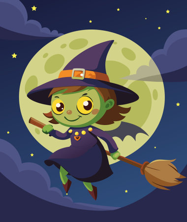 Cute cartoon witch flying on broomstick. Halloween vector illustration.のイラスト素材