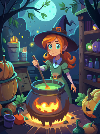 Halloween witch brews potion in cauldron cartoon vector illustration.のイラスト素材