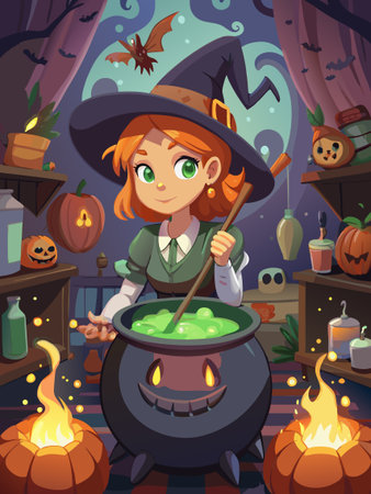 Halloween witch girl cartoon character with cauldron. Vector illustration.のイラスト素材