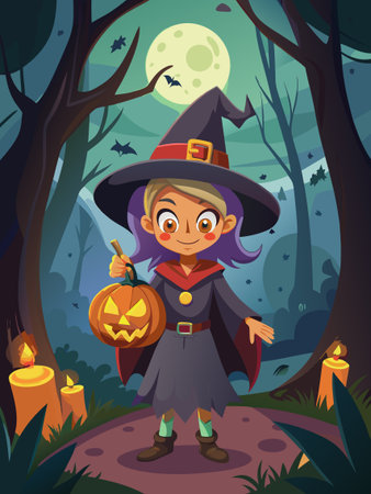 Halloween background with witch and pumpkins in the forest vector illustrationのイラスト素材