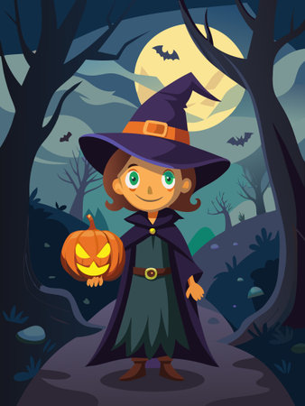 Halloween vector illustration. Cartoon girl in witch costume with pumpkin and bats on background of night forest.のイラスト素材
