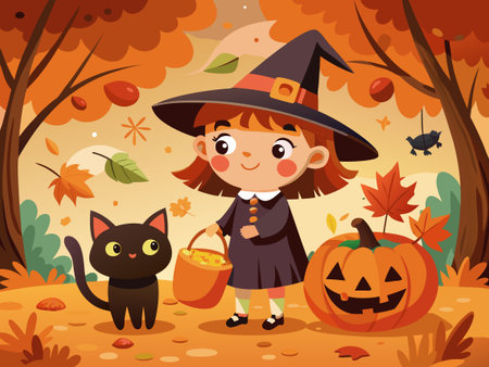 Cute little girl in witch costume with pumpkin and cat in autumn forest. Vector illustrationのイラスト素材