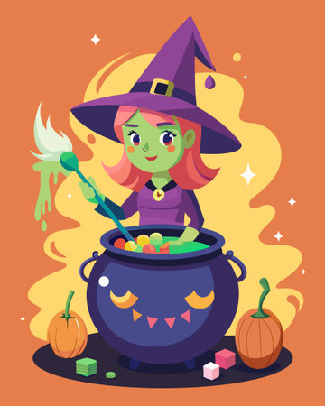 Cute little witch with a broom and pot of potion. Vector illustrationのイラスト素材