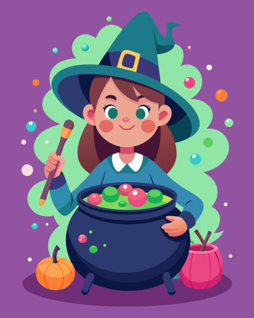 Cute little girl in witch costume with pot of potion. Vector illustrationのイラスト素材
