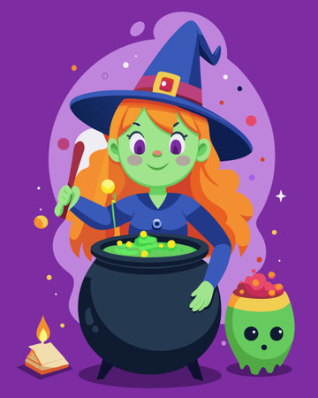 Cute cartoon witch with cauldron and potion. Vector illustration.のイラスト素材