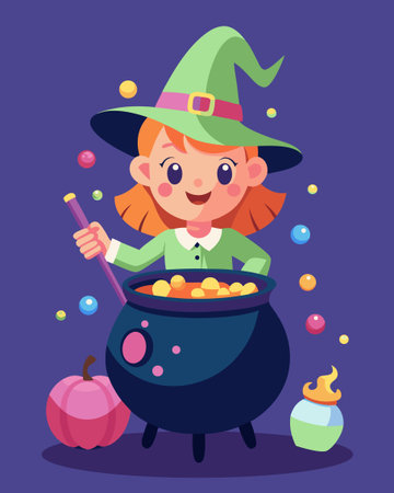 Cute cartoon girl in witch costume with pot of gold. Vector illustrationのイラスト素材