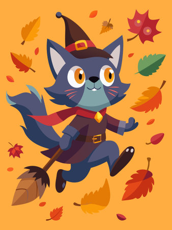 Halloween vector illustration. Cute cartoon cat witch flying on broom in autumn leaves.のイラスト素材