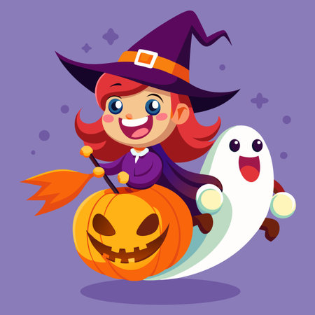 Cute little girl witch flying on a pumpkin. Vector illustration.のイラスト素材