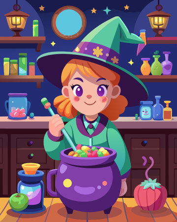 Cute little girl in witch costume cooking potion in cauldron. Vector cartoon illustrationのイラスト素材