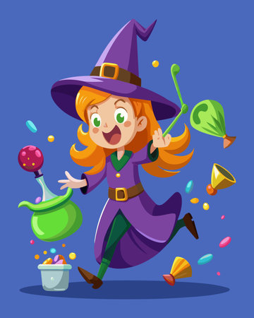 Cute cartoon girl in witch costume with magic potion. Vector illustrationのイラスト素材