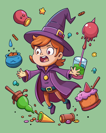Cute cartoon witch with magic wand and potion. Vector illustration.のイラスト素材