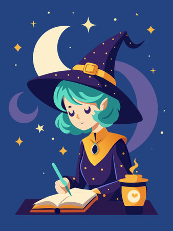 Halloween witch writing in diary. Vector illustration in cartoon style.のイラスト素材