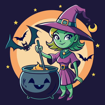 Cute cartoon witch with a pot of potion. Vector illustration.のイラスト素材