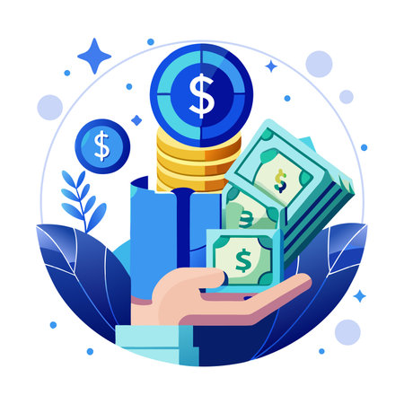 Hand holding money and coins. Vector illustration in a flat style.のイラスト素材