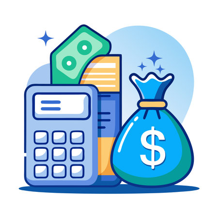 Calculator, money bag, credit card, dollar bill and calculator. Vector illustration.のイラスト素材