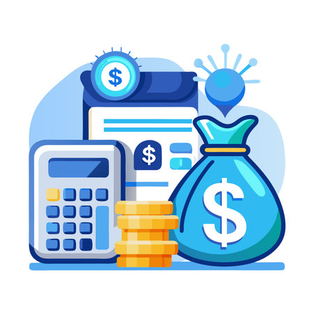 Accounting concept. Vector illustration in flat style. Money, calculator, coins.のイラスト素材
