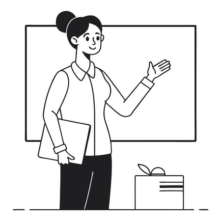 Teacher in front of whiteboard. Black and white illustration.のイラスト素材