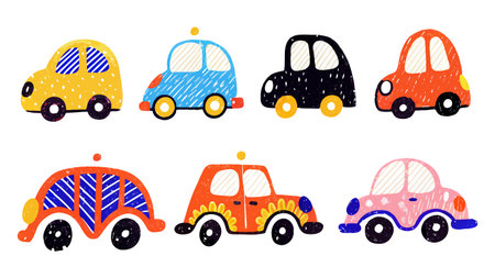 Set of cute hand drawn cars. Vector illustration in cartoon style.のイラスト素材