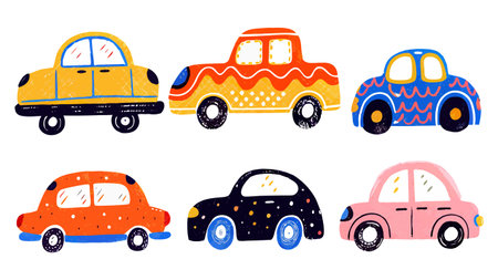 Set of cute hand drawn cars. Vector illustration in cartoon style.のイラスト素材