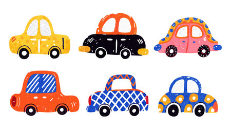 Hand drawn vector illustration of cute cartoon cars. Isolated objects on white background.のイラスト素材