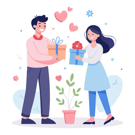 Valentine's day concept. Man giving present to woman. Vector illustration in flat cartoon styleのイラスト素材