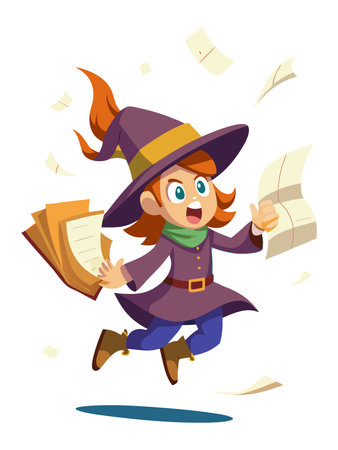 Witch flying on the broom and flying sheets of paper vector illustrationのイラスト素材